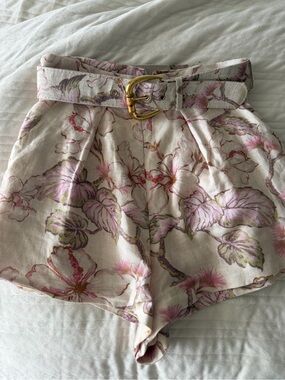 Zimmermann Pink Floral High-Waist Belted Shorts